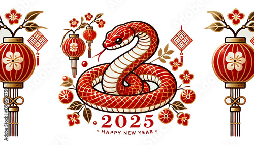 Traditional Japanese snake with New Year's decorations and 2025 text