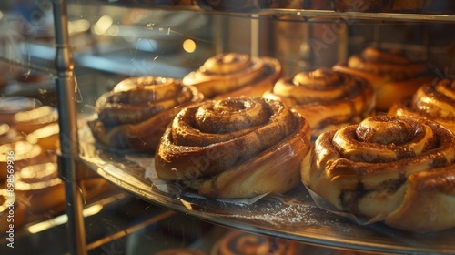 A close-up of freshly baked cinnamon rolls displayed in a bakery showcase.  The rolls are glazed and dusted with powdered sugar. photo