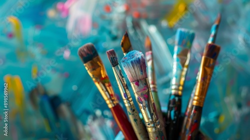 A close-up of paintbrushes against a colorful background, symbolizing creativity and artistry.