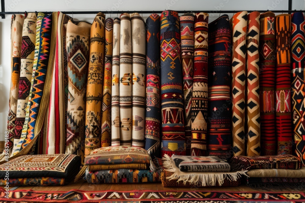 Obraz premium A collection of colorful, intricately patterned rugs displayed in a shop. The rugs are rolled up and displayed on a shelf, with a few smaller rugs laid out on the counter below.