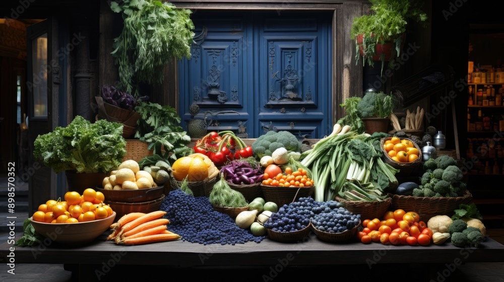 A picture showing a colorful fruit and vegetable stand positioned in front of a charming blue door. This image can be used to showcase fresh produce A picture showing a colorful fruit and vegetable stand positioned in front of a charming blue door. This image can be used to showcase fresh produce