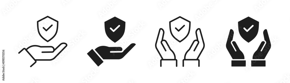 Insurance hand line and flat icon set. Shield with checkmark on hand symbol. Protection icon. Vector Insurance hand line and flat icon set. Shield with checkmark on hand symbol. Protection icon. Vector