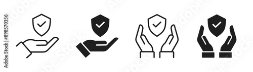 Insurance hand line and flat icon set. Shield with checkmark on hand symbol. Protection icon. Vector