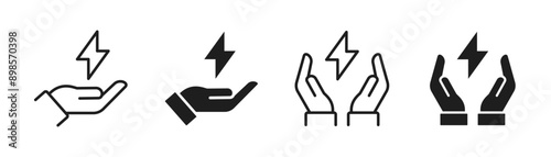 Save Electricity hand line and flat icon set. Electricity on hand symbol. Protection icon. Vector