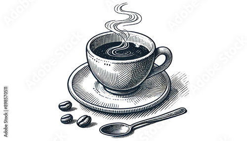 Hand-drawn coffee cup with steam on a plate