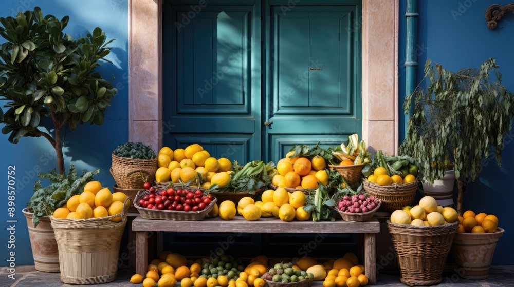 A picture showing a colorful fruit and vegetable stand positioned in front of a charming blue door. This image can be used to showcase fresh produce, local markets, or the concept of healthy eating A picture showing a colorful fruit and vegetable stand positioned in front of a charming blue door. This image can be used to showcase fresh produce, local markets, or the concept of healthy eating