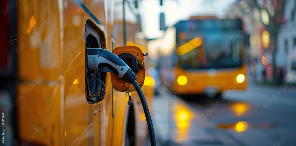 Close-up of an electric vehicle charging at a city station Close-up of an electric vehicle charging at a city station