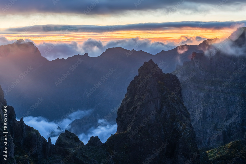 Pico do Arieiro. Mountains at Evening Twilight. Blue Hour. Cloud Inversion. Madeira, Portugal. Pico do Arieiro. Mountains at Evening Twilight. Blue Hour. Cloud Inversion. Madeira, Portugal.