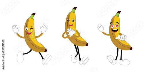 Banana Set funny cartoon trendy style fruit character. Ripe banana and banana peel in flat style. Doodle comic illustration dancing banana.