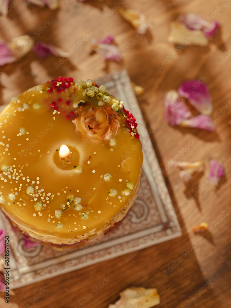 Fototapeta premium Handmade beeswax candles decorated with flowers and herbs. Beautiful handmade candle. Relaxation atmosphere. Luxurious lifestyle. Selective focus