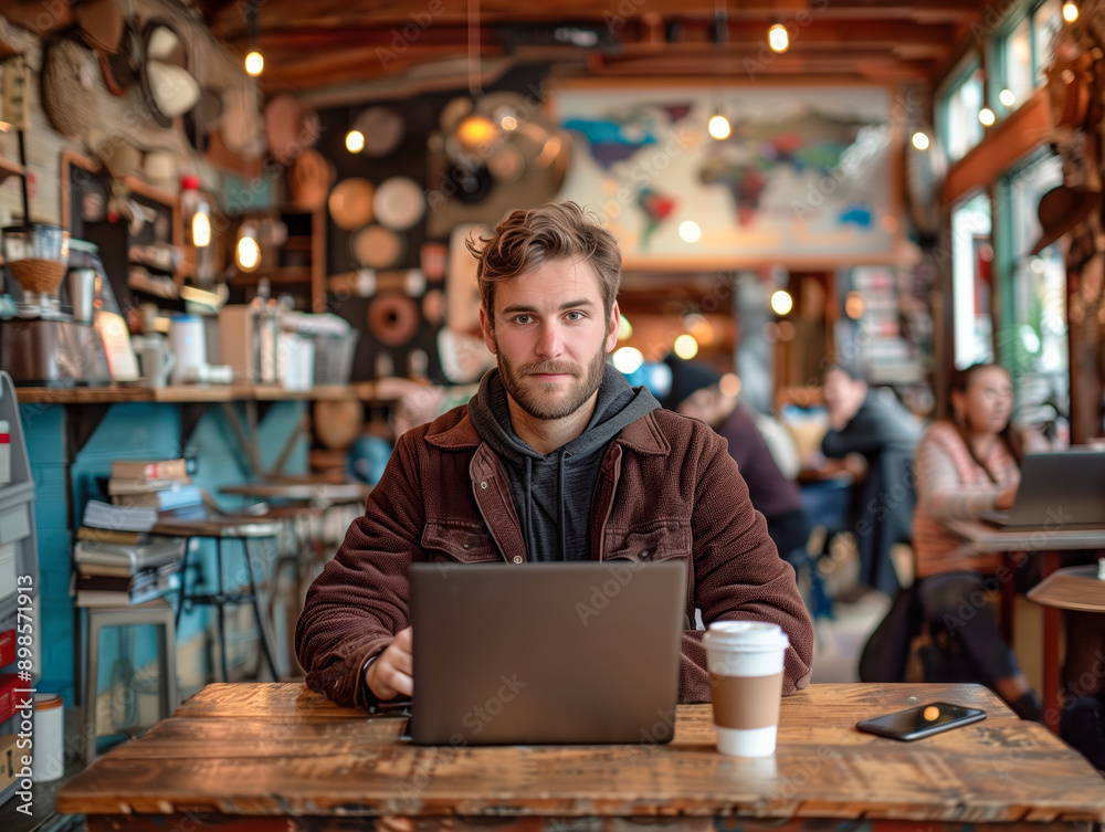 A man on a business trip or vacation takes a coffee break in a busy cafe, working on his laptop A man on a business trip or vacation takes a coffee break in a busy cafe, working on his laptop