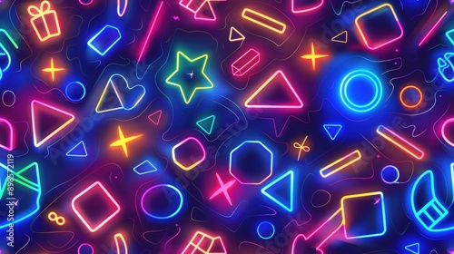 Colorful neon shapes and patterns emit a lively glow, creating an energetic atmosphere perfect for a night out