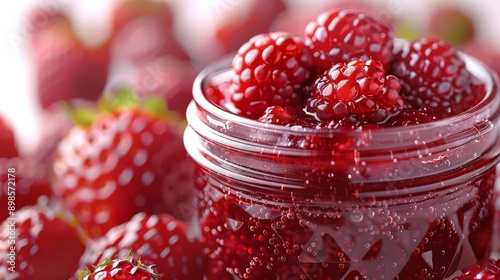 Glass jar filled with homemade boysenberry jam surrounded by fresh boysenberries and strawberries photo