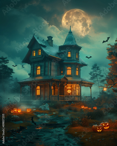 Haunted Victorian Manor Under a Harvest Moon:  A spooky Victorian-era manor glows with eerie light, surrounded by Halloween pumpkins, bats, and a misty forest under a full moon.  © NR.Z Polaris