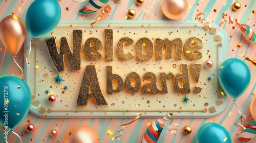 A festive welcome aboard sign with balloons and confetti, perfect for a new job, promotion, or celebratory occasion.