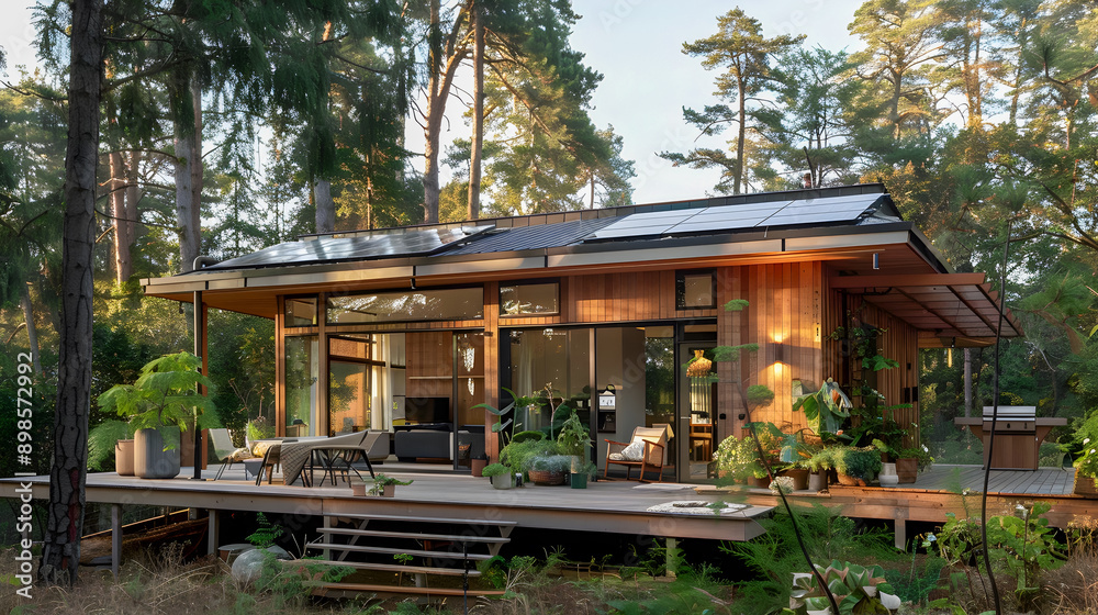 Sustainable and modern eco friendly house with solar panels nestled in a tranquil forest setting surrounded by tall trees and dappled natural light Sustainable and modern eco friendly house with solar panels nestled in a tranquil forest setting surrounded by tall trees and dappled natural light