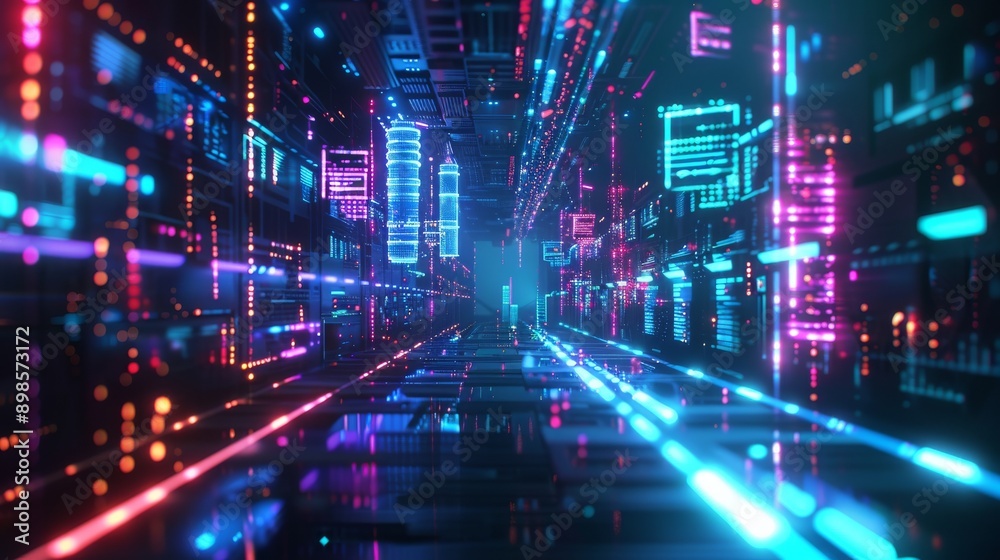 A futuristic city scape with neon lights and glowing digital data streams.  Abstract digital technology background.