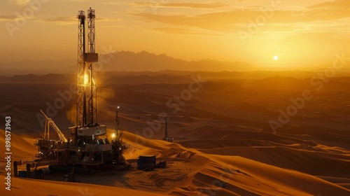 A detailed oil and land drilling rig set against a desert landscape, towering machinery with intricate details, workers in safety gear operating the equipment, the sun setting in the background.