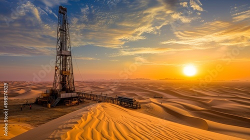 A detailed oil and land drilling rig set against a desert landscape, towering machinery with intricate details, workers in safety gear operating the equipment, the sun setting in the background.