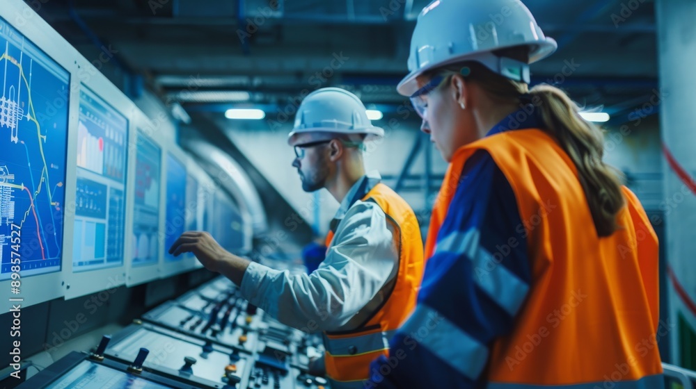 Engineers inspecting the control room of a hydroelectric dam Engineers inspecting the control room of a hydroelectric dam