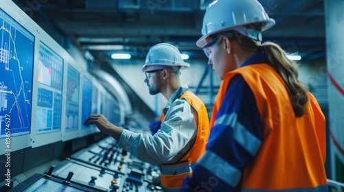 Engineers inspecting the control room of a hydroelectric dam