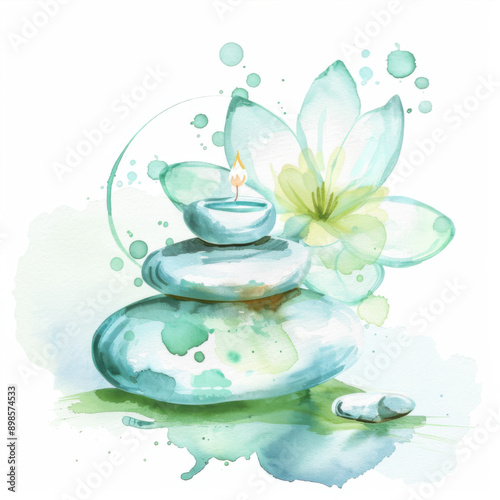 Massage stones, lotus flower and candle on a white background. Concept for spa salon.