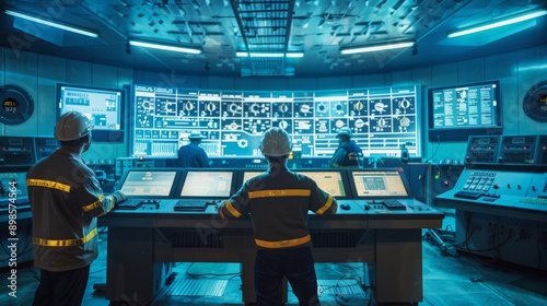 Engineers inspecting the control room of a hydroelectric dam