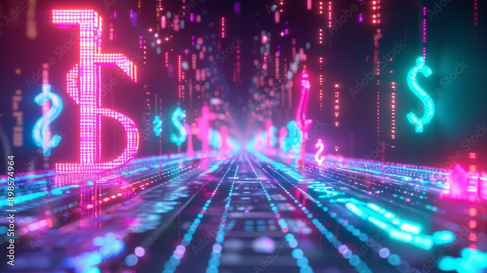 Fototapeta premium A glowing neon dollar sign path in a digital space. A futuristic representation of finance and technology.
