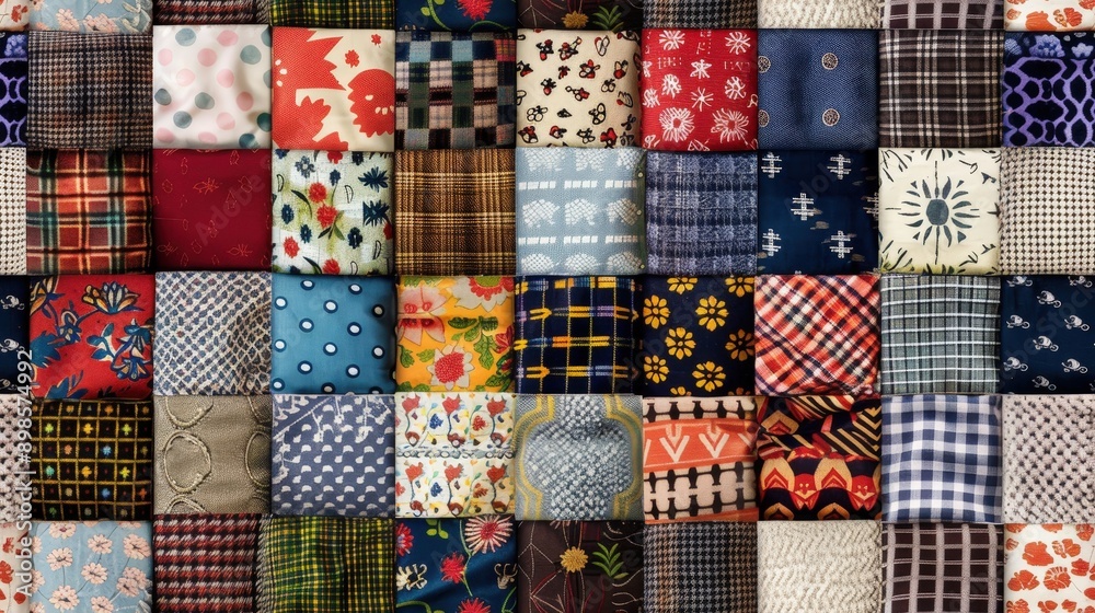 A vibrant patchwork design made of various fabric squares, showcasing an array of patterns and textures, ideal for creative projects or decorative uses A vibrant patchwork design made of various fabric squares, showcasing an array of patterns and textures, ideal for creative projects or decorative uses