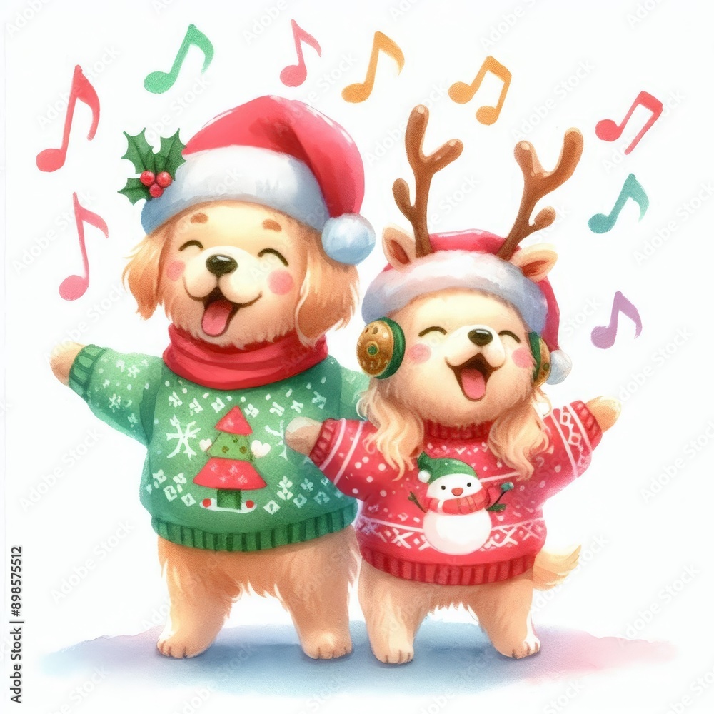 Two adorable dogs in Christmas sweaters sing carols with joy. Two adorable dogs in Christmas sweaters sing carols with joy.