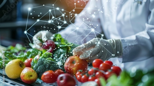 Illustrating a nutrition analysis app scanning factory foods against a food safety tech backdrop, highlighting tech in food safety and nutrition content