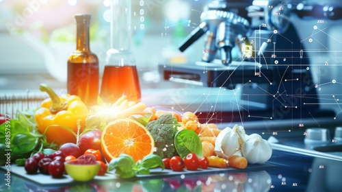 Illustrating a nutrition analysis app scanning factory foods against a food safety tech backdrop, highlighting tech in food safety and nutrition content