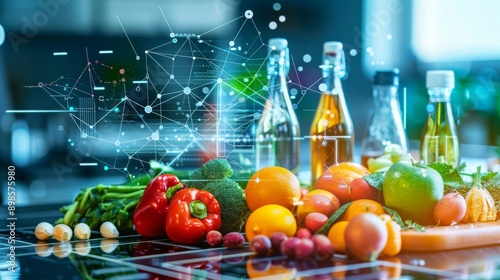 Illustrating a nutrition analysis app scanning factory foods against a food safety tech backdrop, highlighting tech in food safety and nutrition content