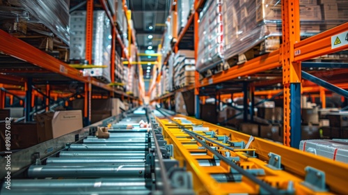 A high angle view of a warehouse with a conveyor belt running down the center aisle. Rows of stacked shelves on both sides are filled with boxes.