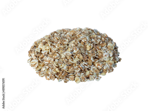 Rye, oat, wheat, barley and buckwheat flake mix closeup. Five grain cereal porridge. A healthy daily meal to restore the bodys strength. Heap of dry cereal flakes  isolated on white background   