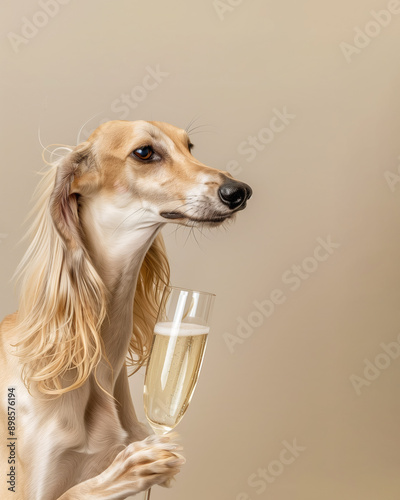 Afghan Hound with long light hair holds a champagne glass in a paw, looking right with a refined and calm expression on a beige background photo