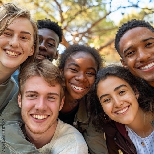 Multicultural group of friends taking selfie picture outside