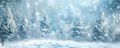 A snowy winter wonderland backdrop with sparkling snowflakes and frosty trees, ideal for a festive and serene atmosphere.