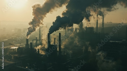 An industrial factory with smoke billowing out of its stacks. This image can be used to depict industrial pollution or manufacturing processes