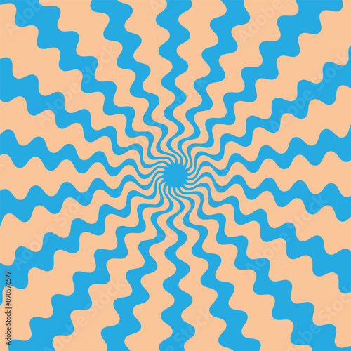 Vintage grunge colorful twisted spiral retro burst background vector. Groovy hippie 70s backgrounds. Waves, swirl, twirl pattern. Twisted and distorted vector texture in trendy retro psychedelic style