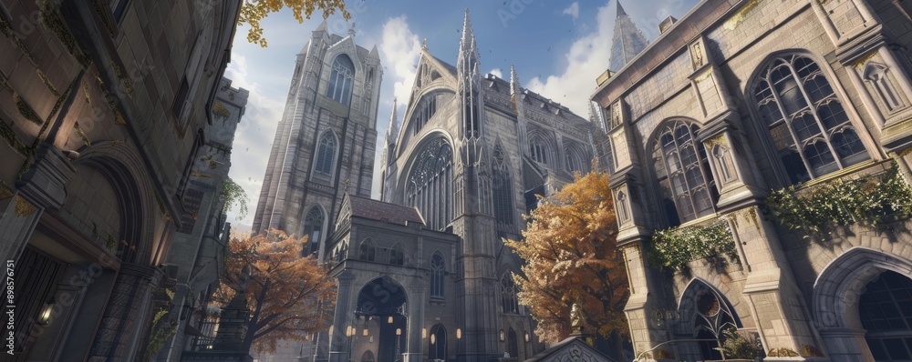 Naklejka premium A low angle view of a tall, intricately designed building in an urban setting.