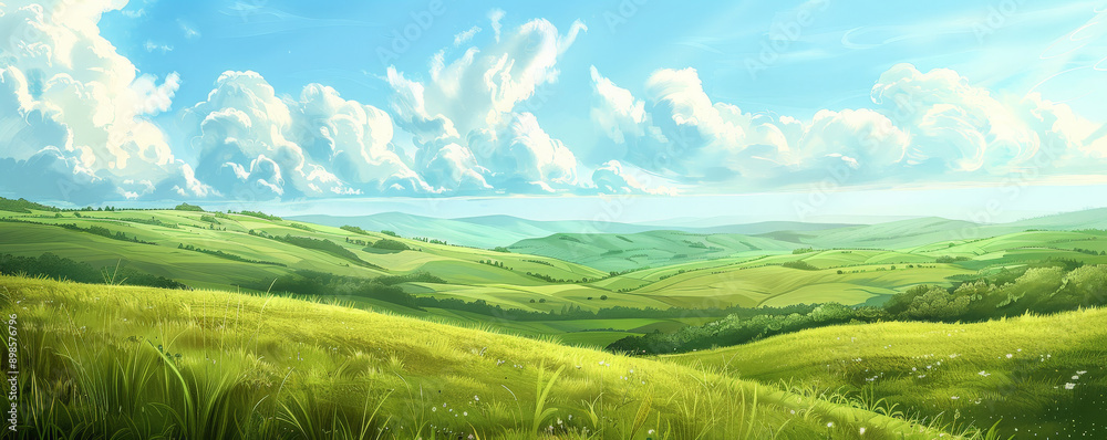 A peaceful countryside backdrop with rolling hills, green fields, and a bright blue sky, perfect for a tranquil and pastoral setting. A peaceful countryside backdrop with rolling hills, green fields, and a bright blue sky, perfect for a tranquil and pastoral setting.