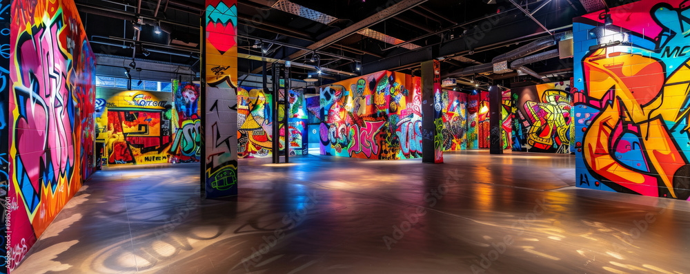Fototapeta premium A vibrant urban graffiti backdrop with bold colors and dynamic patterns, perfect for a youthful and edgy look.