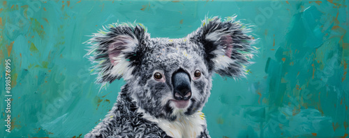 A charming painting of a koala on a vibrant emerald background, showcasing the koala's fluffy ears and relaxed pose. photo