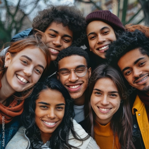 Multicultural group of friends taking selfie picture outside