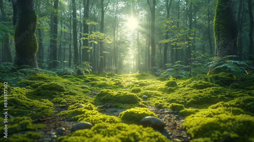 Beautiful forest with moss and sunlight, a few pebbles scattered on the ground, whimsical, hyper-realistic, high-resolution photography, cinematic lighting, Beautiful forest with moss and sunlight, a few pebbles scattered on the ground, whimsical, hyper-realistic, high-resolution photography, cinematic lighting,