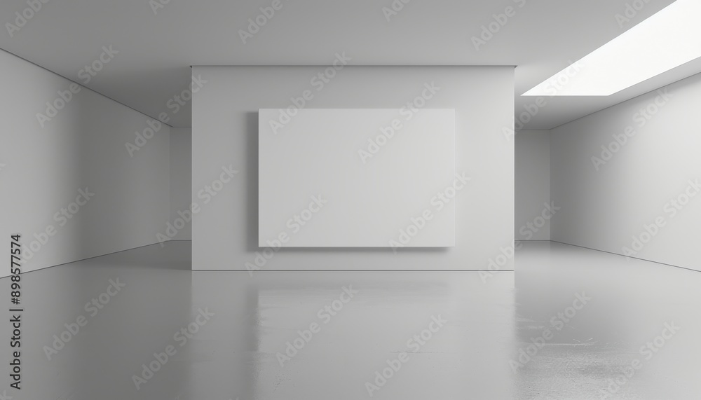 A minimalist, white gallery room with a blank canvas on the wall. The room is illuminated by a skylight, casting a soft, natural light. A minimalist, white gallery room with a blank canvas on the wall. The room is illuminated by a skylight, casting a soft, natural light.