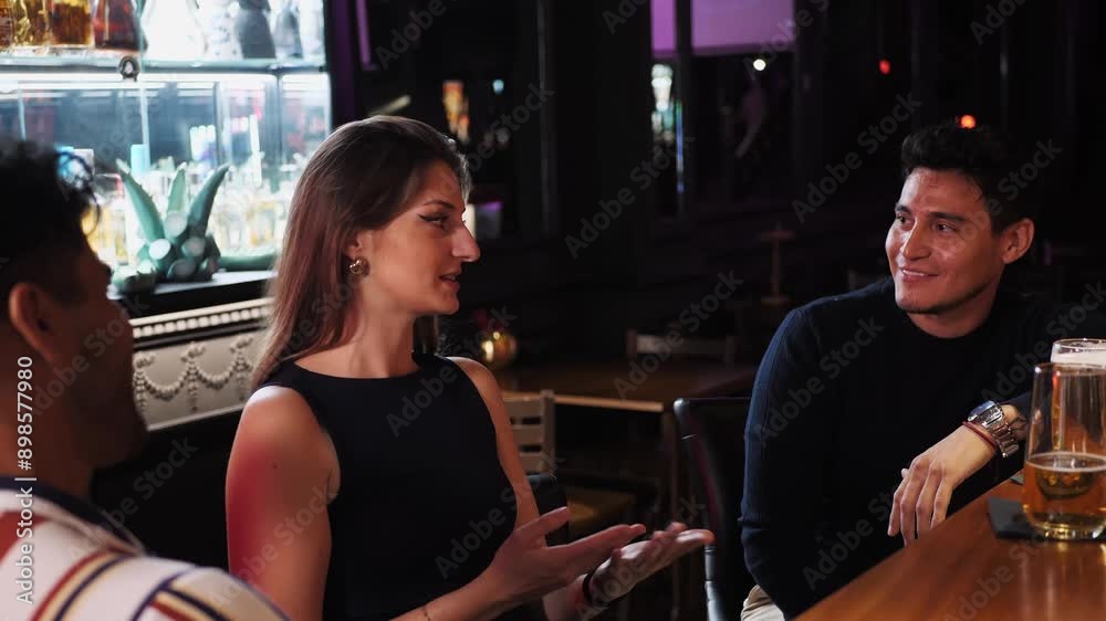 Three multiracial friends meeting together at beer bar. Beautiful young woman talking to her friends. Medium shot Three multiracial friends meeting together at beer bar. Beautiful young woman talking to her friends. Medium shot