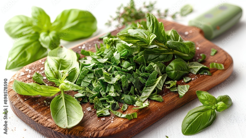 Culinary Concept: Fresh Herbs Being Chopped on White Background Culinary Concept: Fresh Herbs Being Chopped on White Background