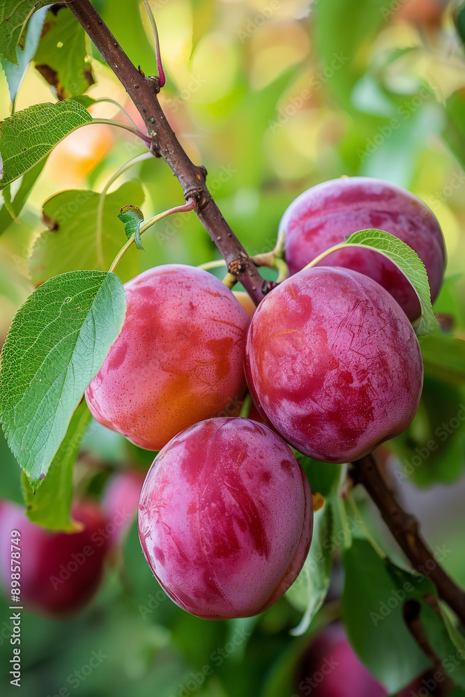 Ripe Plums Hanging on Tree Branches with Lush Green Leaves Ripe Plums Hanging on Tree Branches with Lush Green Leaves